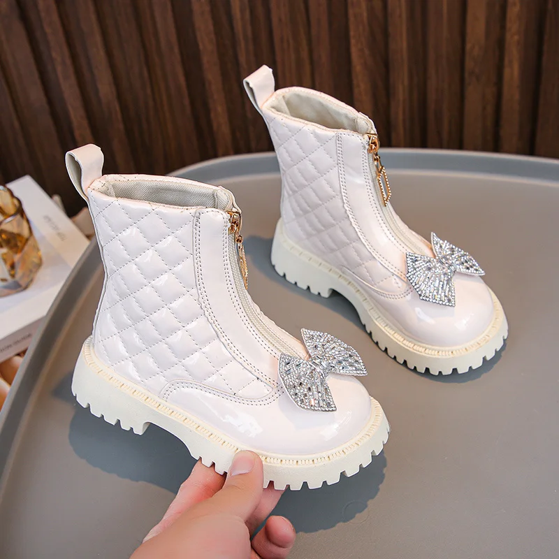 Sweet Baby Princess Autumn/Winter Fashion Elegant Crystal Toddler Bow Booties Zipper Round Toe Square Heel Comfortable Size23-36