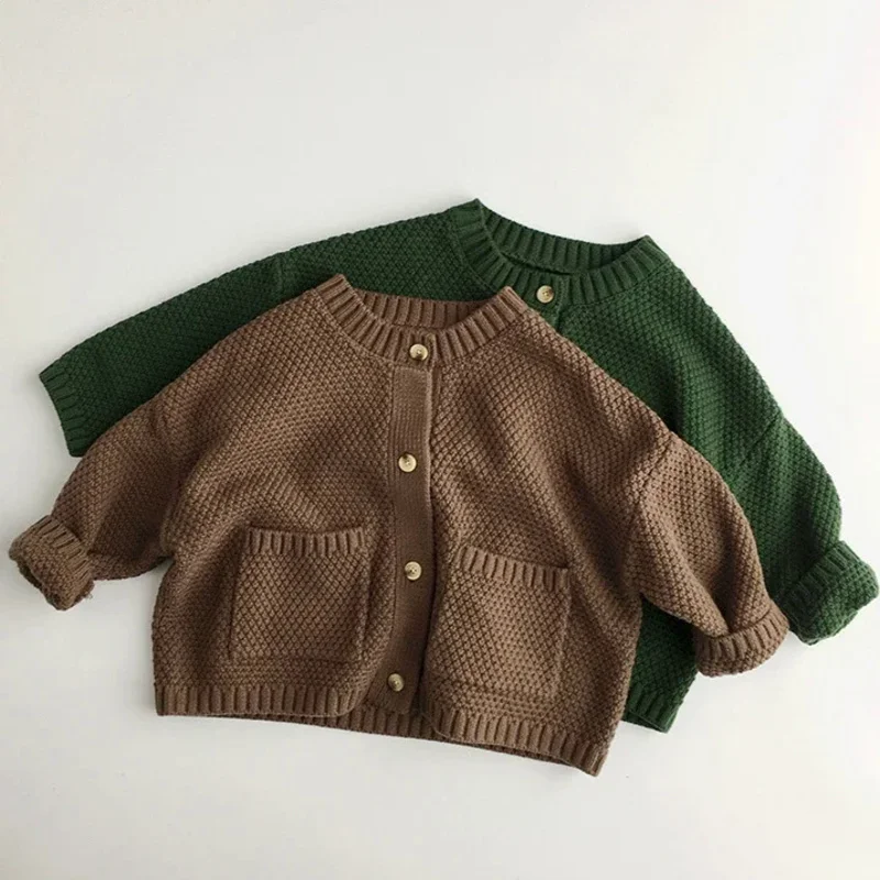 Kids Autumn Sweaters Children Knitted Clothes Boys Girls Wool Under Tops Cardigan Baby Brother Sister Mathcing Pocket Clothes