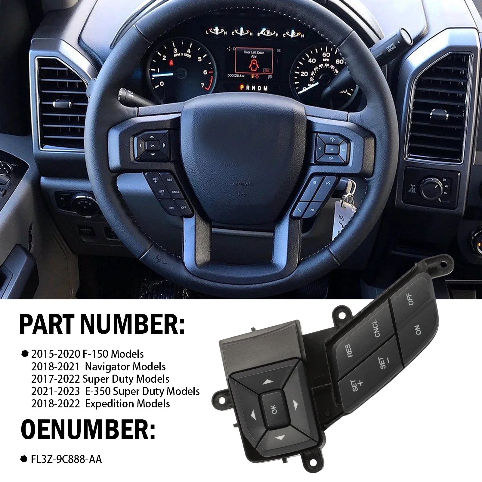 Left Steering Wheel Cluster Display Arrow and Cruise Control Switch for Ford Expedition F-250 F-350 2015-2023 FL3Z-9C888-AA