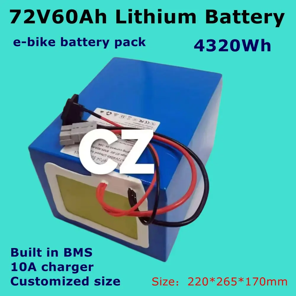 

E-bike battery lithium-ion personnalisé, vélo, scooter, moto, ebike charger 10A, 72V, 60Ah, 4000W 5000W, 14KW 20KW,with BMS
