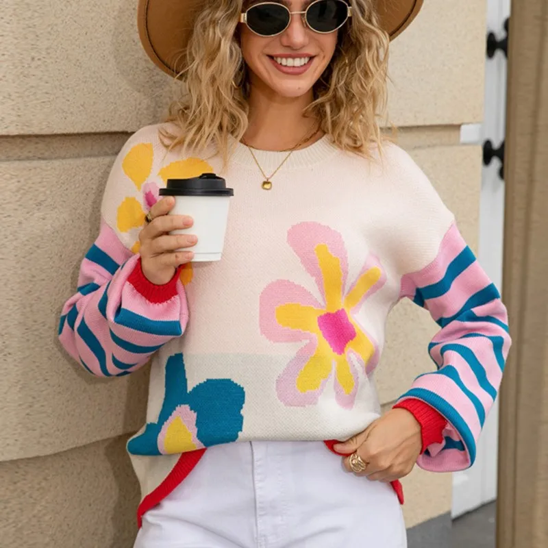 Winter Dagelijks woon-werkverkeer Gebreide damestrui Modieus bloemenpatroon Ronde hals Lange mouw Losse trui Casual schattige top