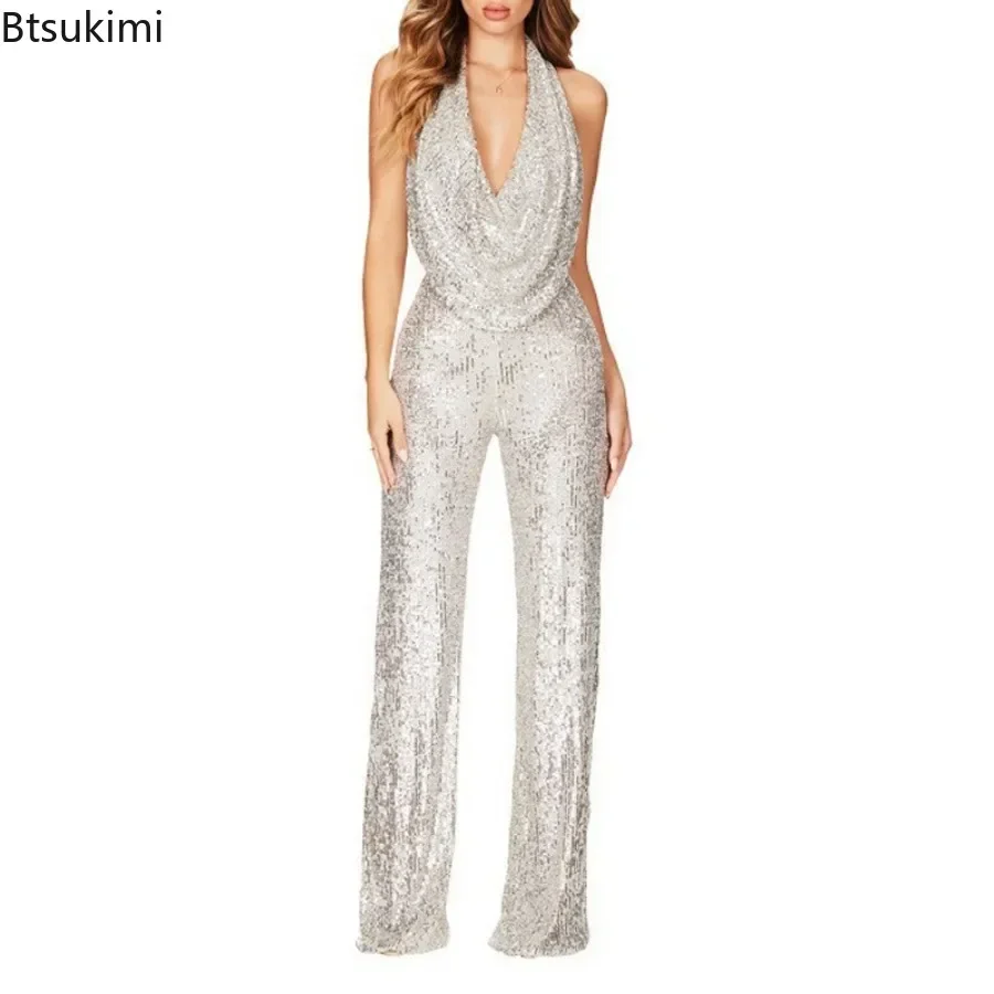 Nieuwe Pailletten Jumpsuit Vrouwen 2024 Lente Zomer Mouwloze Hangende Hals Pailletten Wijde Pijpen Jumpsuits Dame Outfits Club Party Outfits