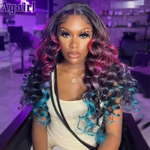 Cotton candy pink celebrity wavy lace wig with green and top purple highlights