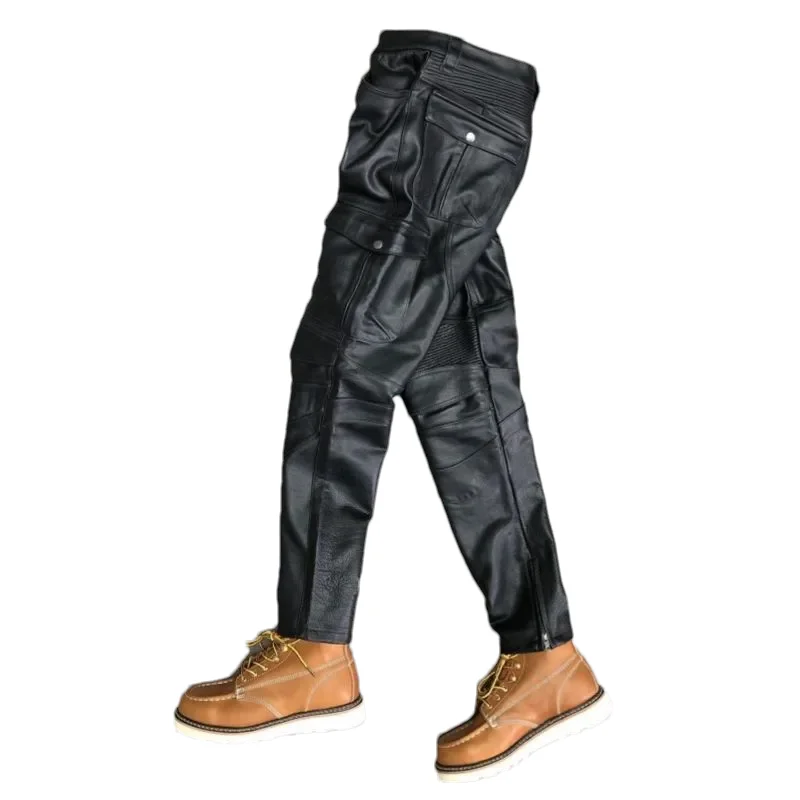 

Black Winter Leather Trousers Men Motorcyce Style Plus Size 4XL Genuine Natural Cowhide Can Add Protective Gear Pants