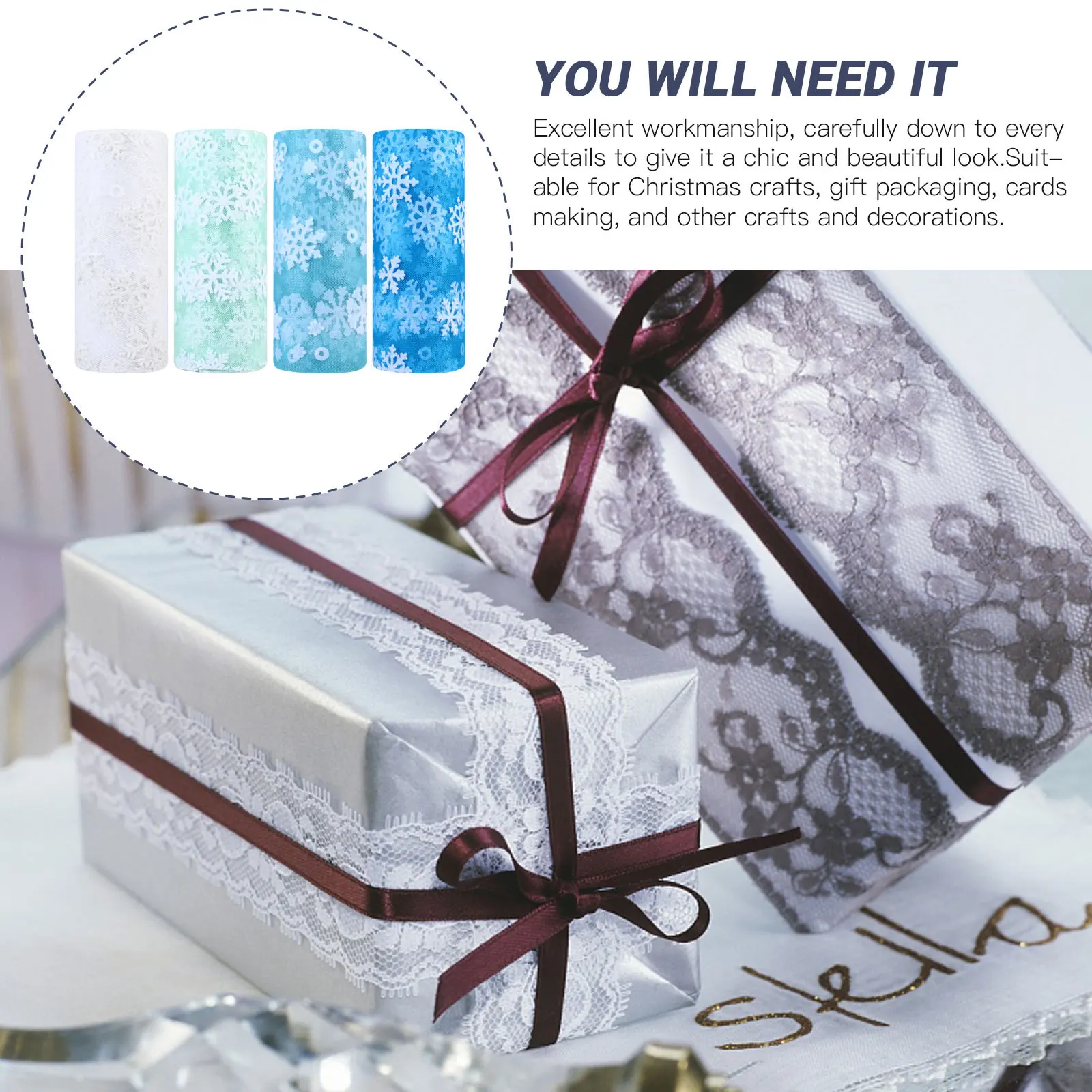

4 Rolls Flashy Snowflake Mesh Tulle Roll Fabric For Gift Wrapping Christmas Crafts Decorations Party Wedding Diy Table Skirt