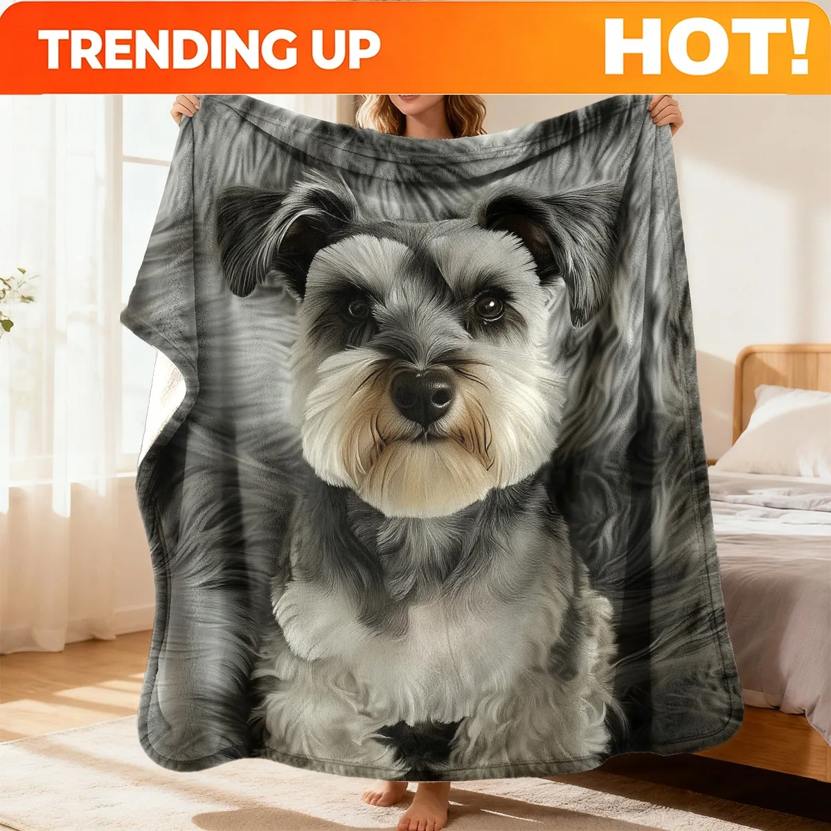 Customize A Trendy Flannel Blanket Featuring a Schnauzer Portrait Pattern, Ideal for Comfort on The Balcony. This Exceptional Qu