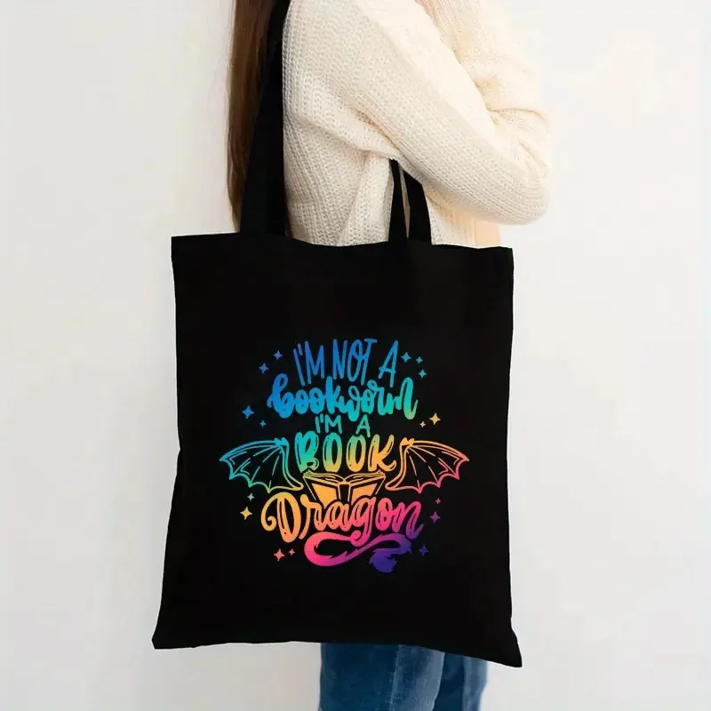 

Women's Fantasy Book Lover Tote Bag Literary purse with Dragon & Book Graphic Bag for Readers, Casual Everyday Themed, Book Bag