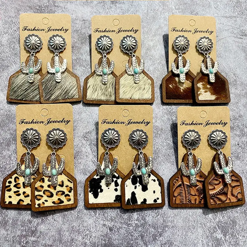 Ox Head Brand Horse Hair Leopard Print Wood Frame Earrings Western Style Retro Turquoise Cactus Alloy Earrings Animal Jewelry