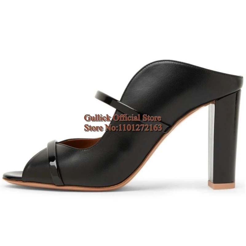 Double Straps Women Mules Shoes Black Patent Leather Peep Toe Slip on Chunky Heels Summer Slippers PU Female Footwears