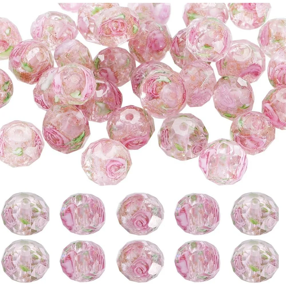 

1 Box 40Pcs 9~10mm Sand Lampwork Beads Bulk Lampwork Glass Bead Handmade Pink Rose Floral Round Spacer Lampwork