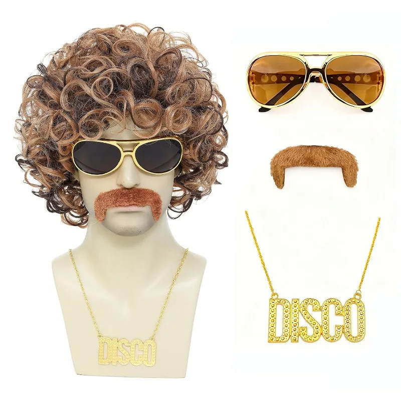 70s 80s Disco Costume Wig Set-Afro Curly Wig with Mustache Sunglasses & Disco Necklace,Halloween Party Cosplay Outfit Accessory view 4