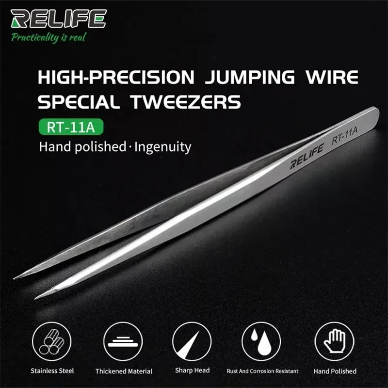 RELIFE RT-11A Flying Line Jump Wire Tweezers Dedicated Antimagnetic Soldering Tweezers Mobile Phone CPU IC Opening Gripping Part