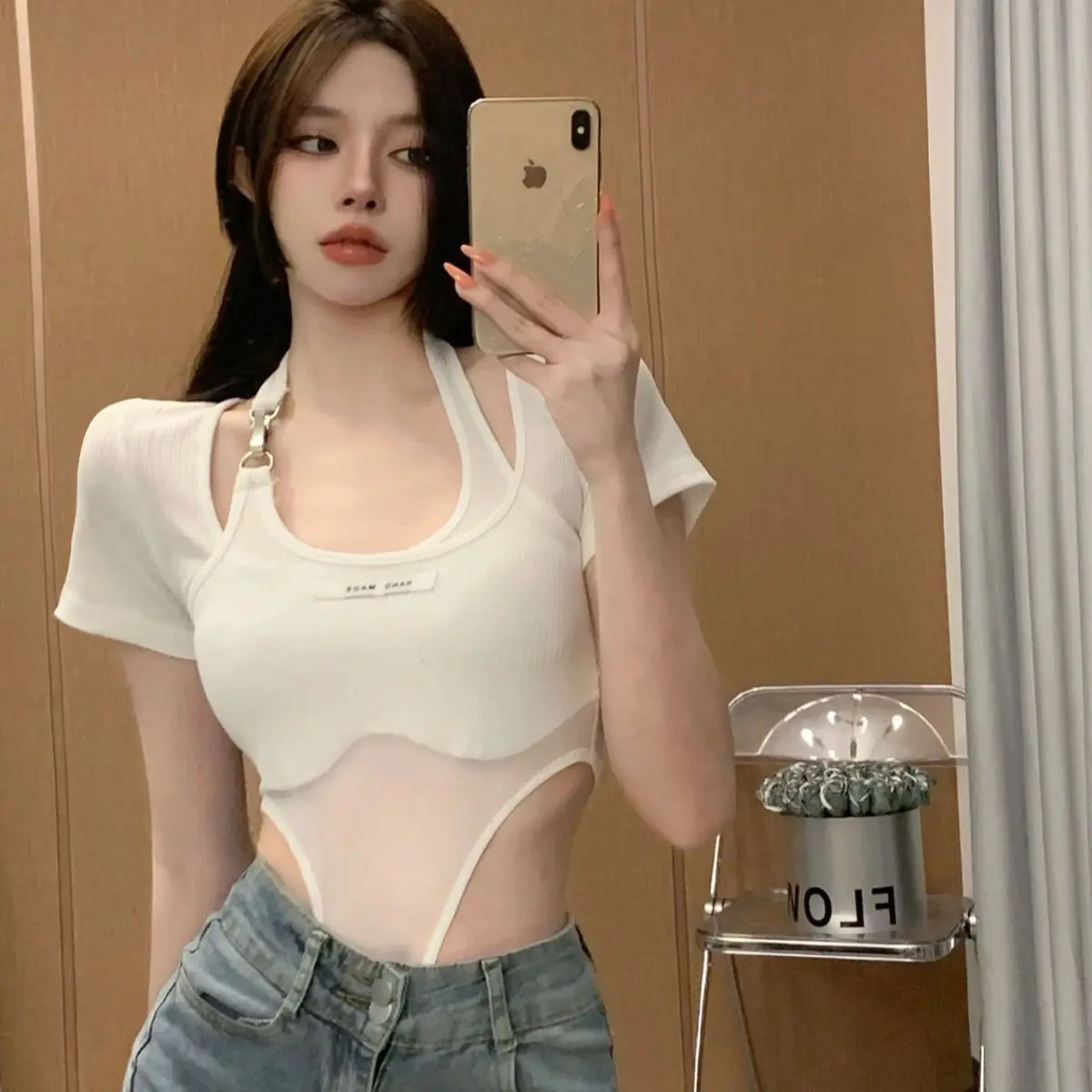 

Summer New Women's Clothing Pure Desire Spicy Girl Little Mindful Fake Two Pieces Mesh Short Sleeve jumpsuit Sexy T-shirt Top