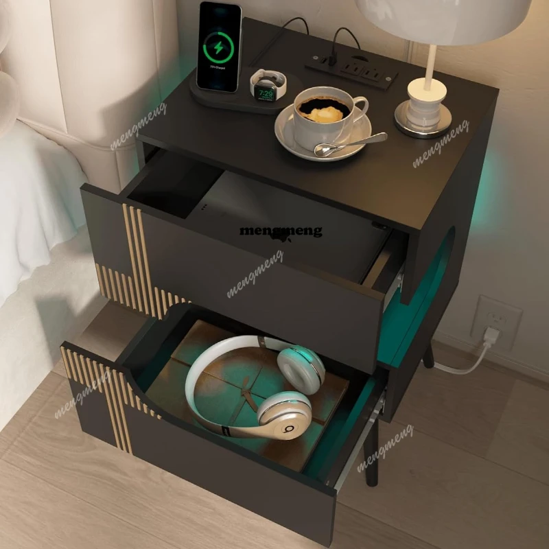 

Black Nightstand with Charging Station and LED Lights Modern Bedside Table with 2 Storage Drawer Solid Wood Legs White Black