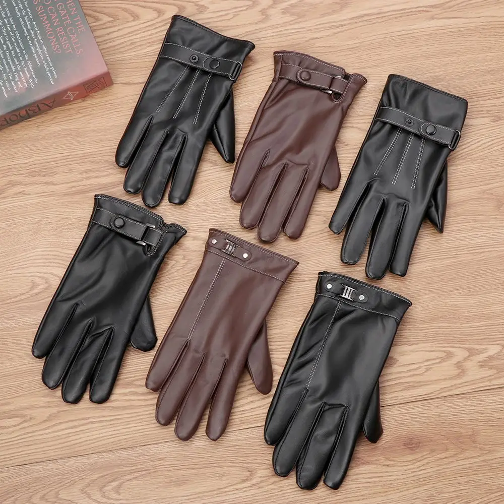 Men's Fleece Thermal Leather Gloves Winter Warm Touch Screen Windproof Waterproof Driving Gloves Full Finger Black Gloves