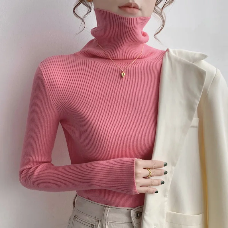 

Korea Women Knitted Autumn Y2K Fashion Sweater Turtleneck Casual Slim Fit Pullovers Elegant Sweater Solid Women Knitted Top