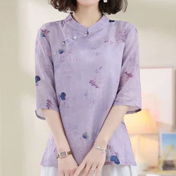 Women's Summer New Stand Up Collar Cotton Hemp Pullover Fashion Retro Ethnic Style Button Print Casual Versatile 3/4 Sleeve Tops