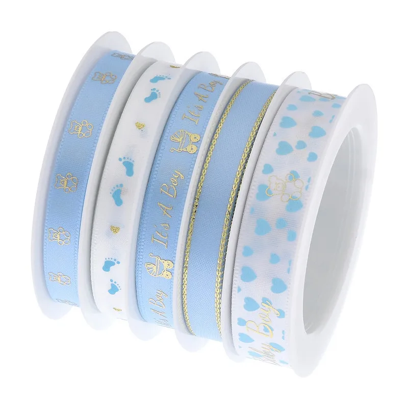 1/1.5cm Satin ribbon Blue baby boy ribbons cute bear it\'s a boy Metal gold print baby shower kid first birthday DIY Party favor