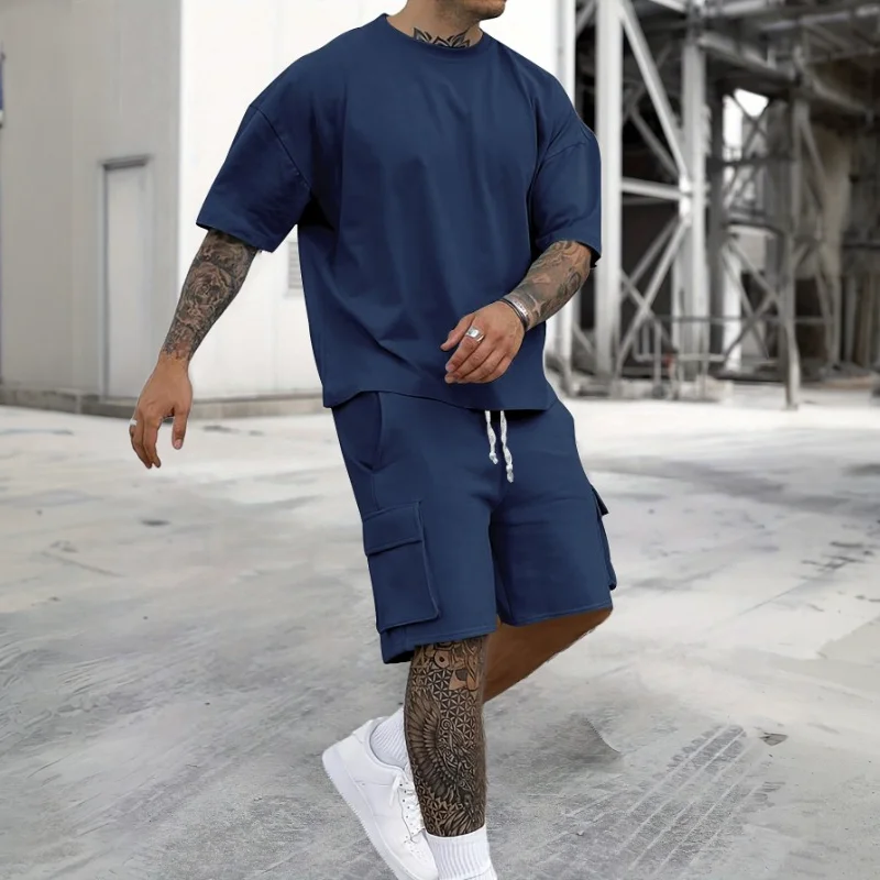 Summer Men's Casual Sporty T-Shirt Shorts Set Solid Color Round Neck Short Sleeve Two Piece Outfit Loose Fit Large Size