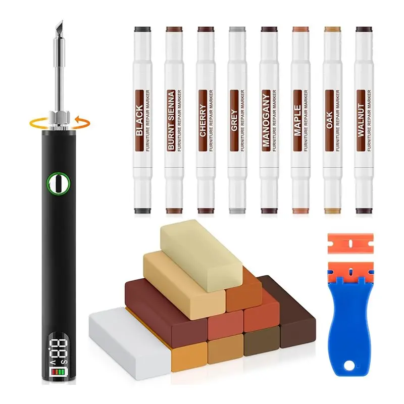 

Набор для ремонта виниловых полов BHTS с улучшенным термопенометром, воск для твердых пород дерева 11 цветов, маркеры для реставрации мебели с двойным наконечником 8 цветов