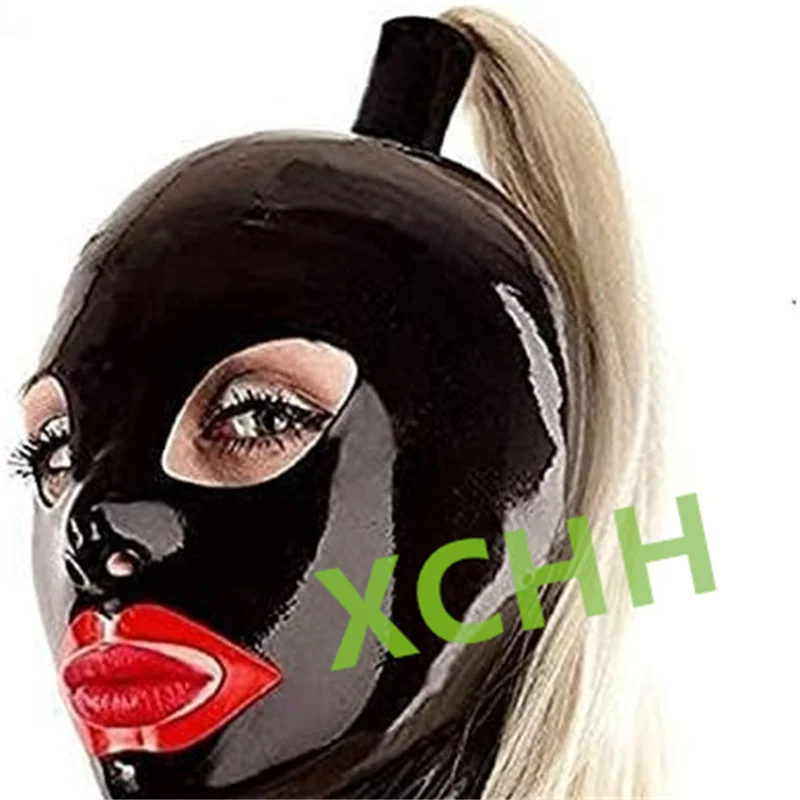 Pure 100% Natural Latex Woman Mask Hood with Wigs Red Trim Open Eyes and Mouth Cosplay Costumes