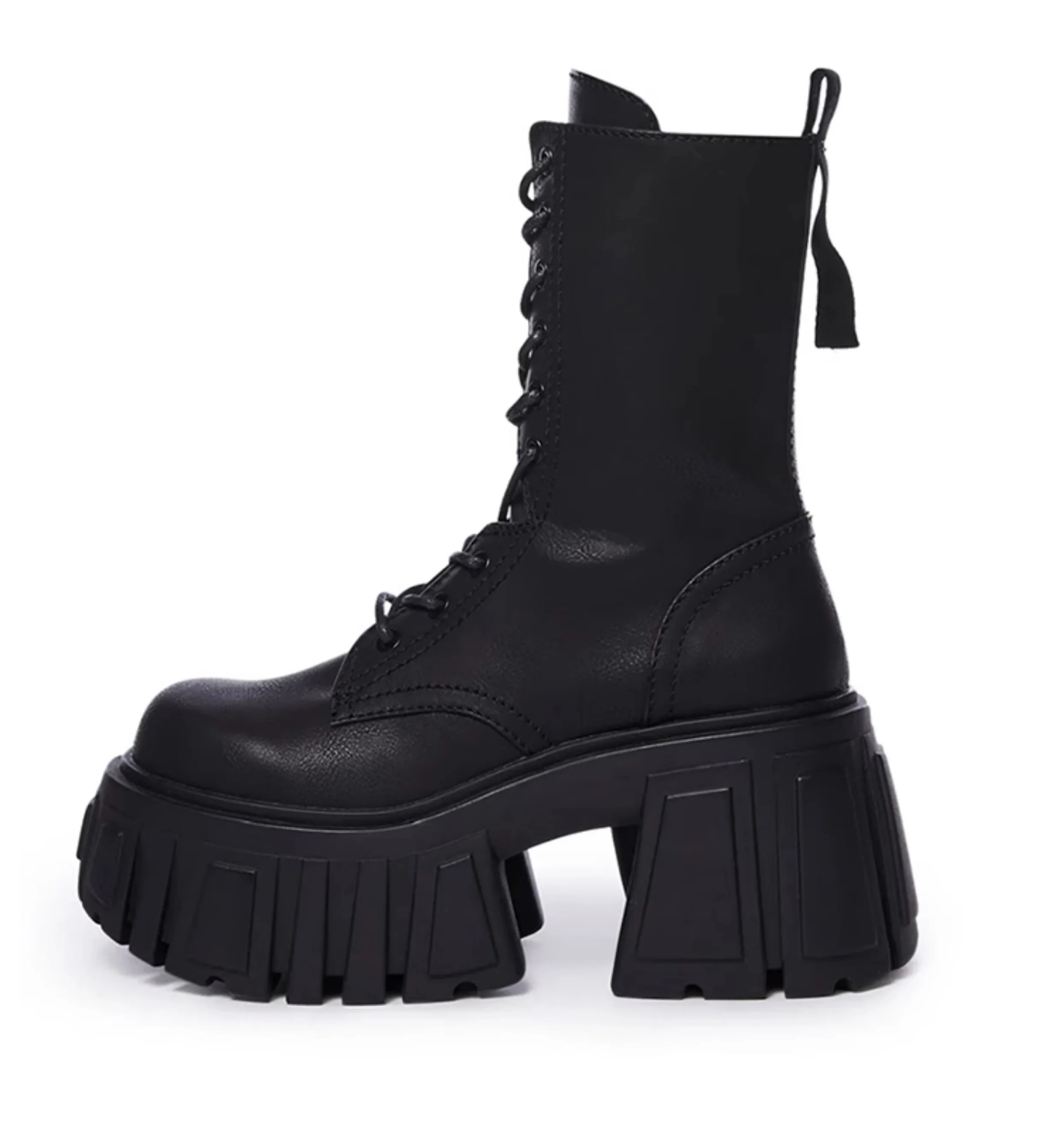 Damen Halbschaft Plateau Stiefel Mittelhoher Blockabsatz Chunky Schnürstiefel mit Seitlichem Reißverschluss Biker Punk Gothic Boots 2026 – Detail 2