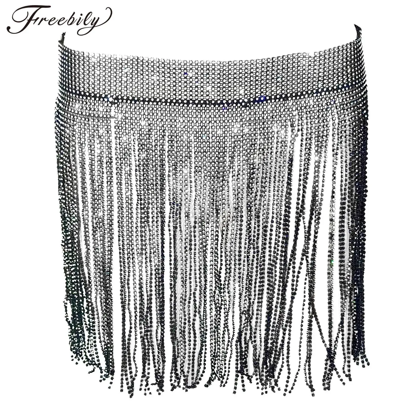 

Women Tassel Skirt High Waist Shiny Rhinestone Adjustable Waistband Fringe Skirts Cover-up Mini Skirt for Cocktail Party Costume