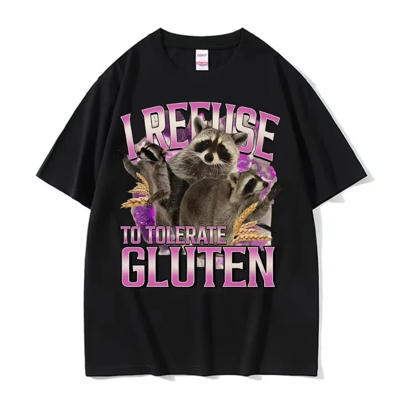 

Футболки I Refuse To Tolerate Gluten Meme, забавная футболка в стиле ретро с рисунком енота для мужчин и женщин, летняя футболка из 100% хлопка, топы