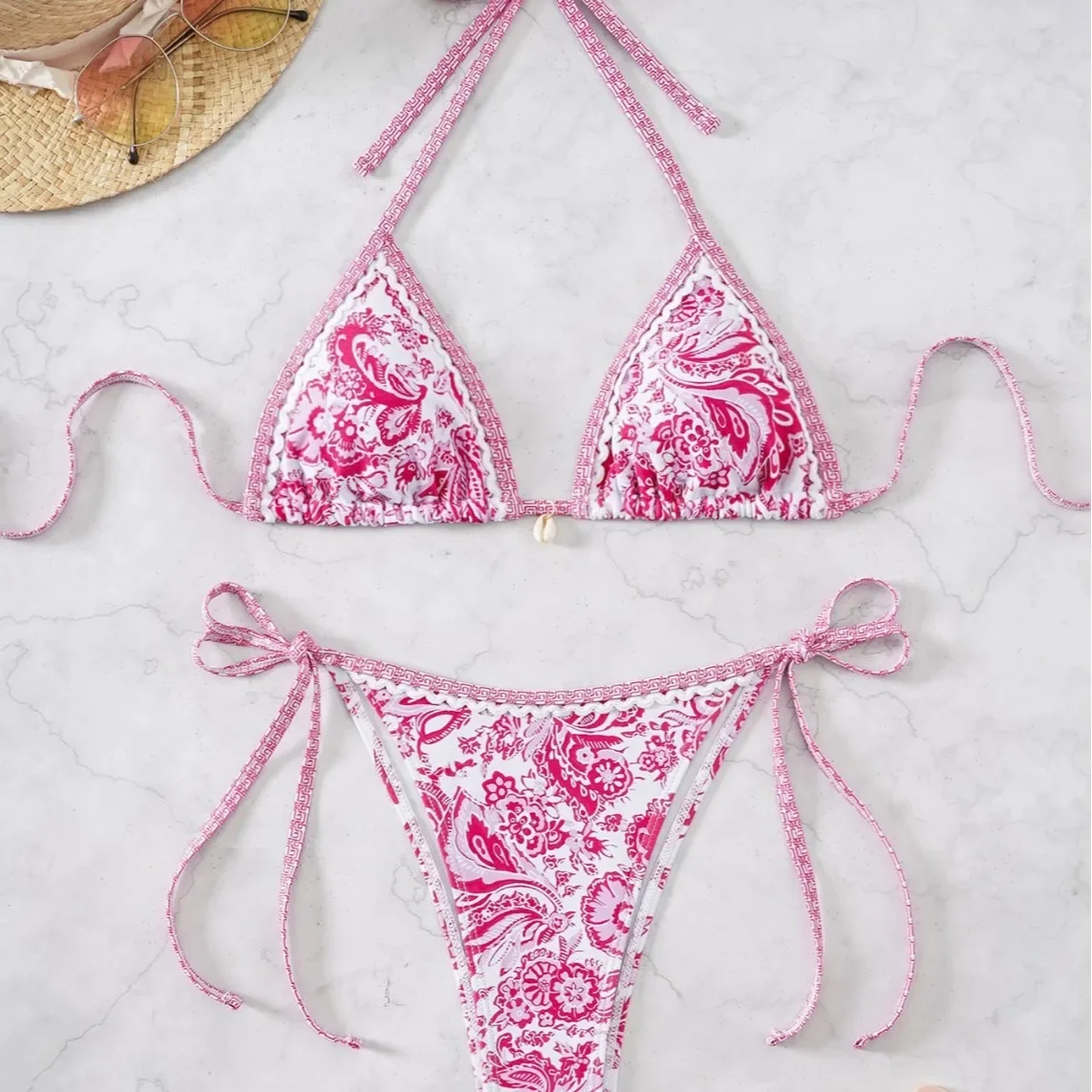 

Swimsuit for Women 2025 New Printed Lace Up Sexy Bikini Hawaii Summer Vacation Split Swimwear M