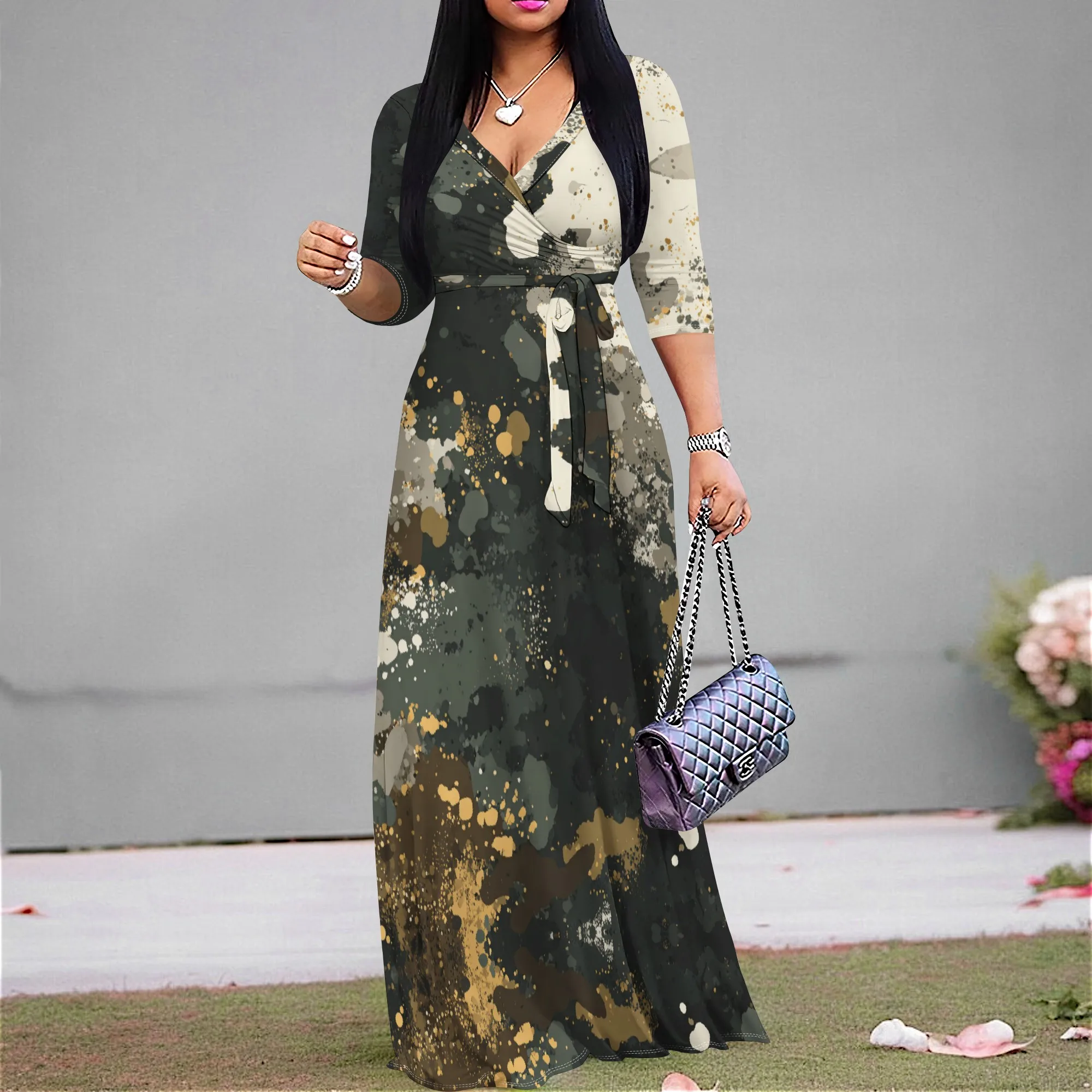 

Abstract Splatter Print Maxi Dress S-3XL V-Neck Wrap Belted for Art Festival, Gallery Opening or Autumn Dinner