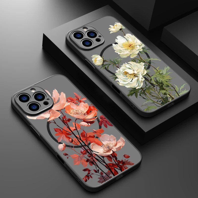 

Magnetic Matte Phone Case For iPhone 16 15 Pro 14 13 Pro Max 16e 14 Pro For Magsafe Peony Flower Hard Translucent Cover