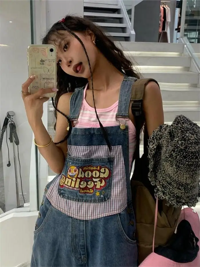 American Retro Cartoon Patchwork Suspenders Pants Loose Casual Workwear Wide Leg Couples Jeans Low Waist Net Printing