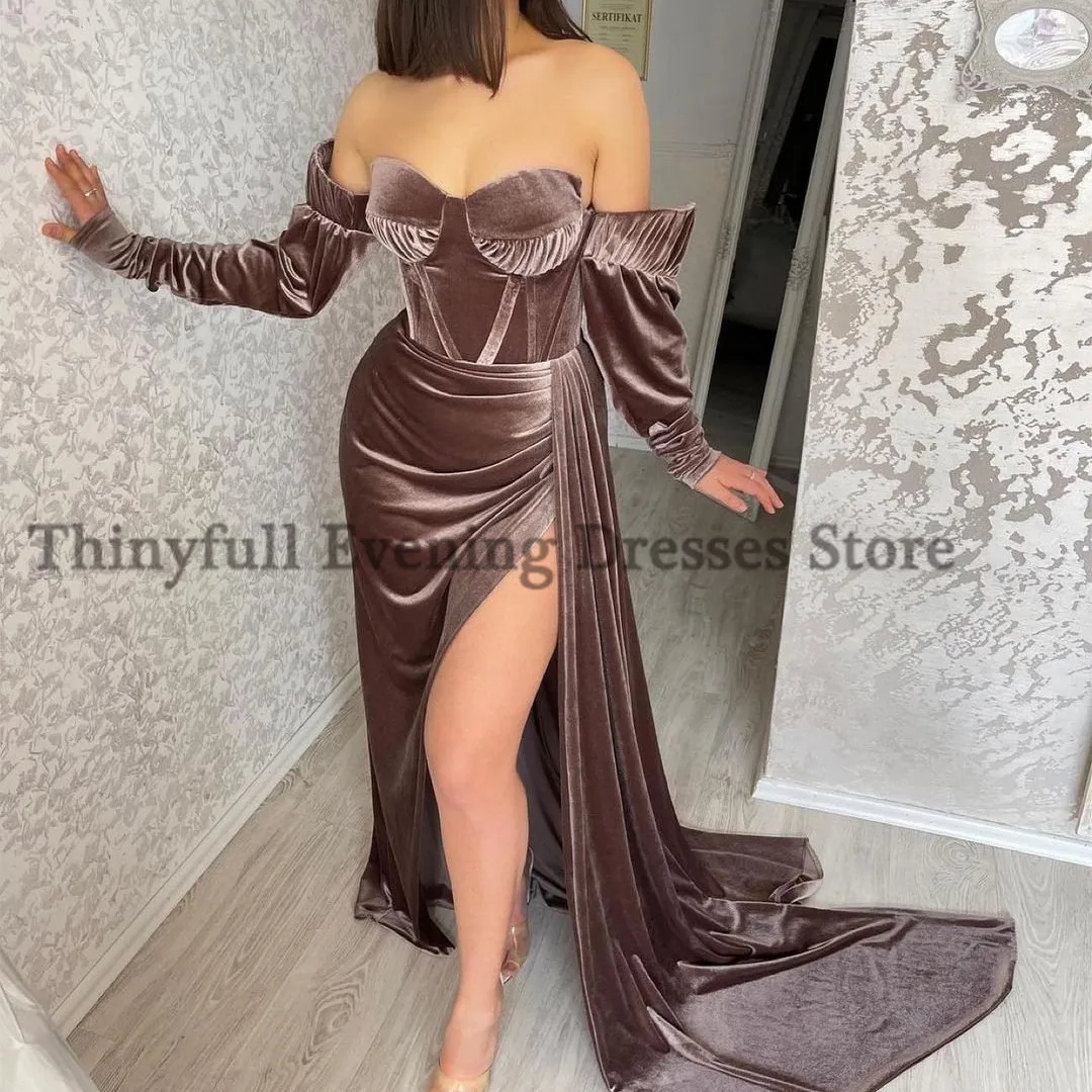 Thinyfull Sexy Mermaid Avondjurk Off Shoulder Velvet Prom Dresses Side Slit Floor Lengte Saudi Arabië Partij Jassen Plus Size