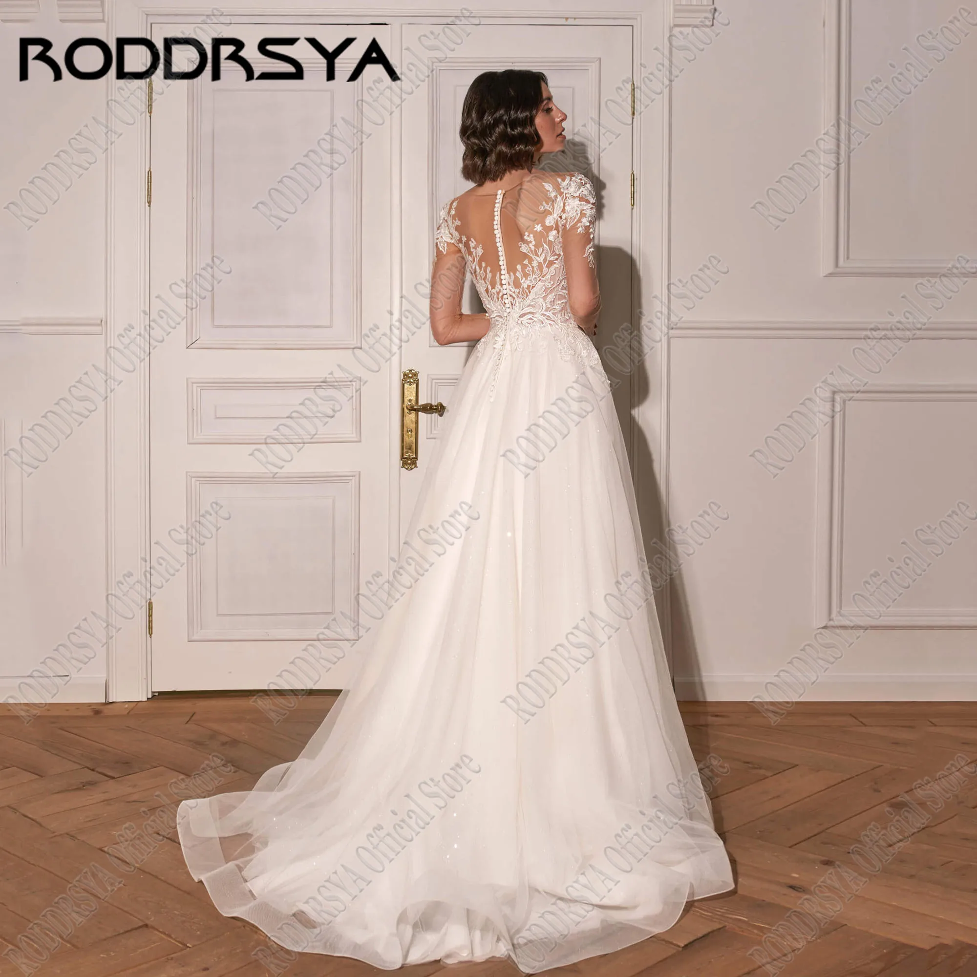 RODDRSYA Personalizado O-Neck Vestido De Noiva Mangas Compridas Applique Ilusão Voltar Glitter vestidos de novia Lace Noiva Vestidos 2025RODRSYA Personalizado O-Neck Vestido de Noiva Mangas Longas Applique Illusion Vol