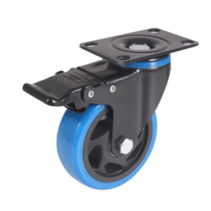 4 Pcs 5-inch Medium Blue Pvc Swivel Casters With Black Core, Dual Ball Bearings Brake & Universal Plate For Industrial Equipment