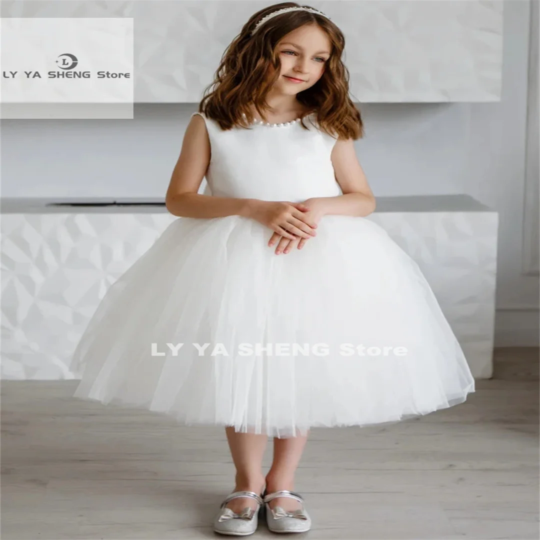 

White Flower Girl Dresses Tulle Puffy Pearls Neck With Bow Sleeveless For Wedding Birthday Party Banquet Princess Gowns