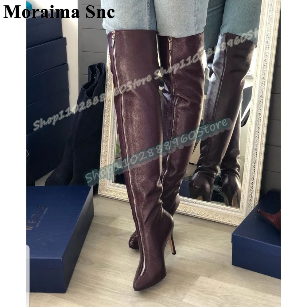 

Over The Knee Dark Brown Leather Pointy Boots Thin High Heel Shoes For Women Front Zipper Pointed Toe Fashion Casual Women Boots