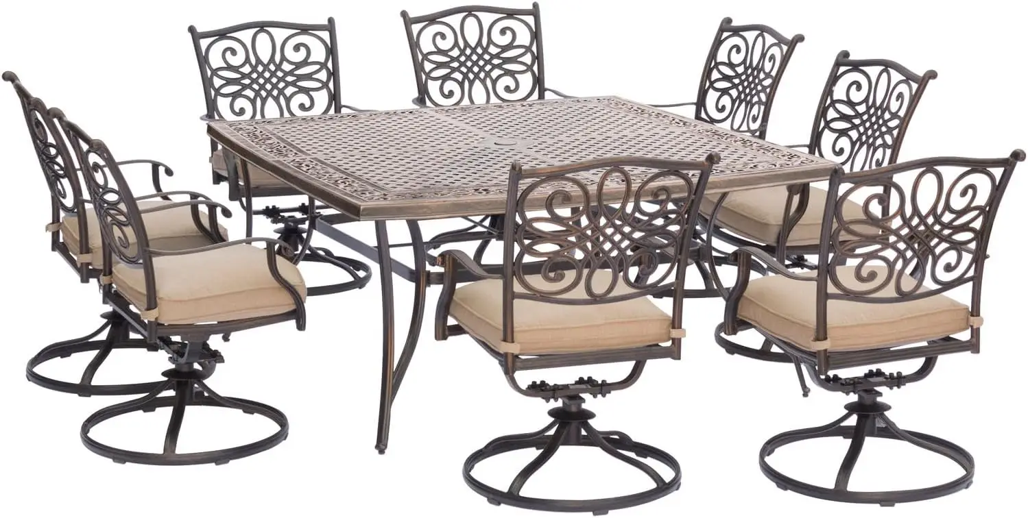 Hanover Traditions 9-Piece Patio Dining Set With Swivel Rocker Chairs With Natural Oat Cushions And Large 60