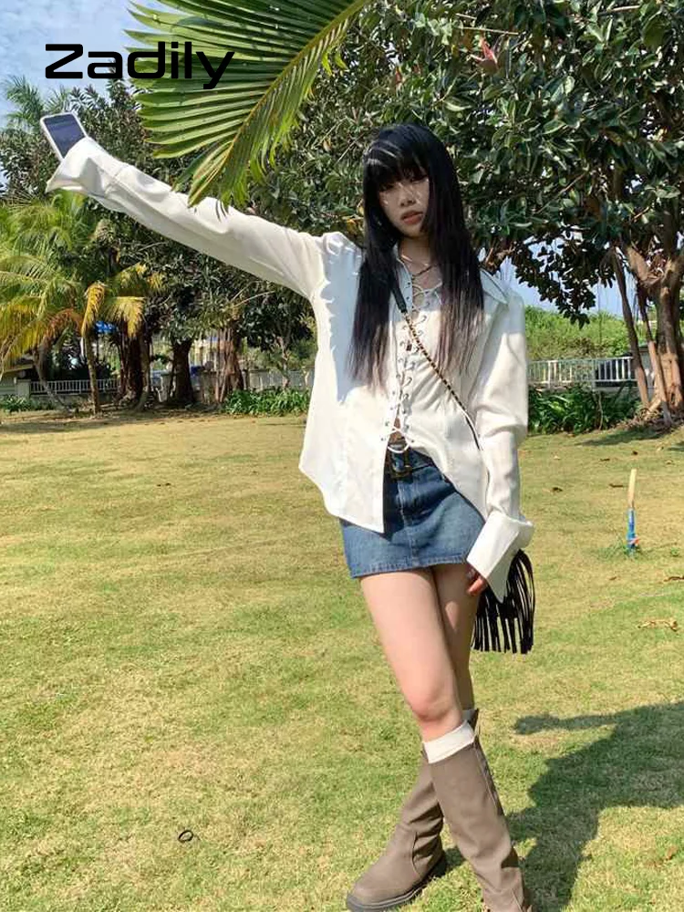 2025 Spring Gothic Turn-Down Collar Shirt Long Sleeve White Shirt Women Punk Corn Eye Blouse Y2K Female Blouse Tunic Clothing