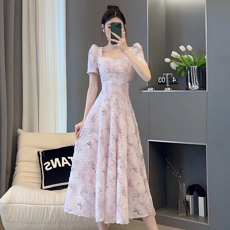 

Summer 2026 Women's Country Style Floral Print Slimming Fashion Retro Tea Break Square Collar Dress High Waist A-Line Skirt
