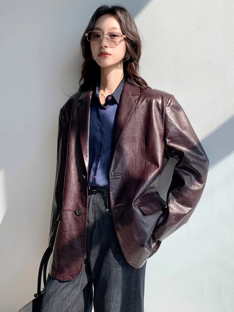 Vestes Blazer décontractées en cuir véritable pour femmes, nouveau manteau haut de gamme Simple, solide, cire d'huile douce, en peau de mouton véritable, printemps automne 2025