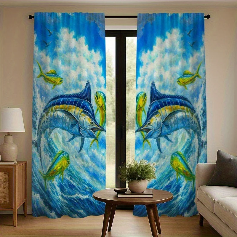 Blue Marlin Fish Curtain, Ocean Wave Print Drape, Deep Sea Fishing Decor, Tropical Marine Life Window Treatment, Home Textile