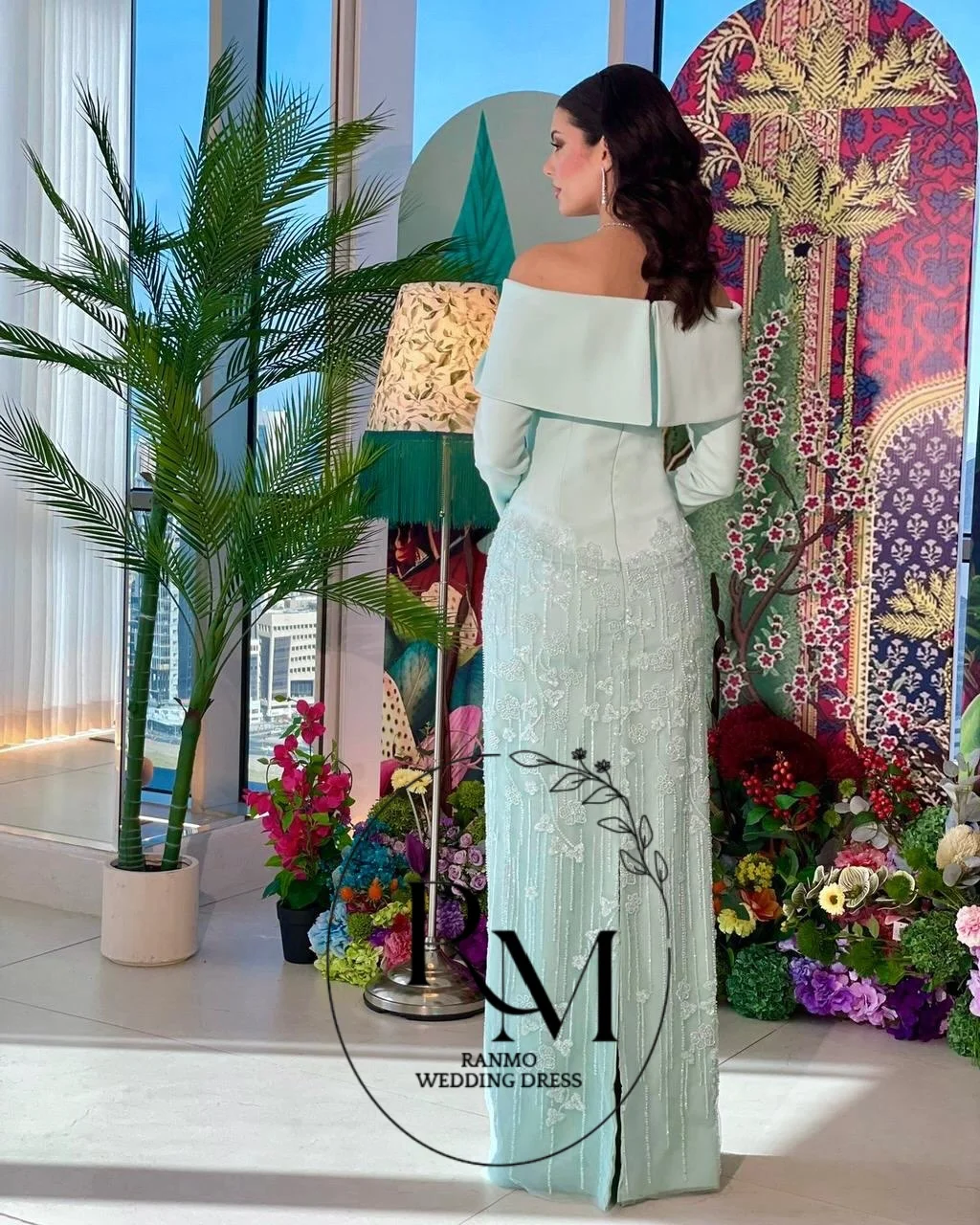 Ranmo Mint Green Prom Dress 2026 Off Shoulder Modest Evening Gown Beaded Skirt Formal Dress Saudi Women Wedding Party Customized view 3