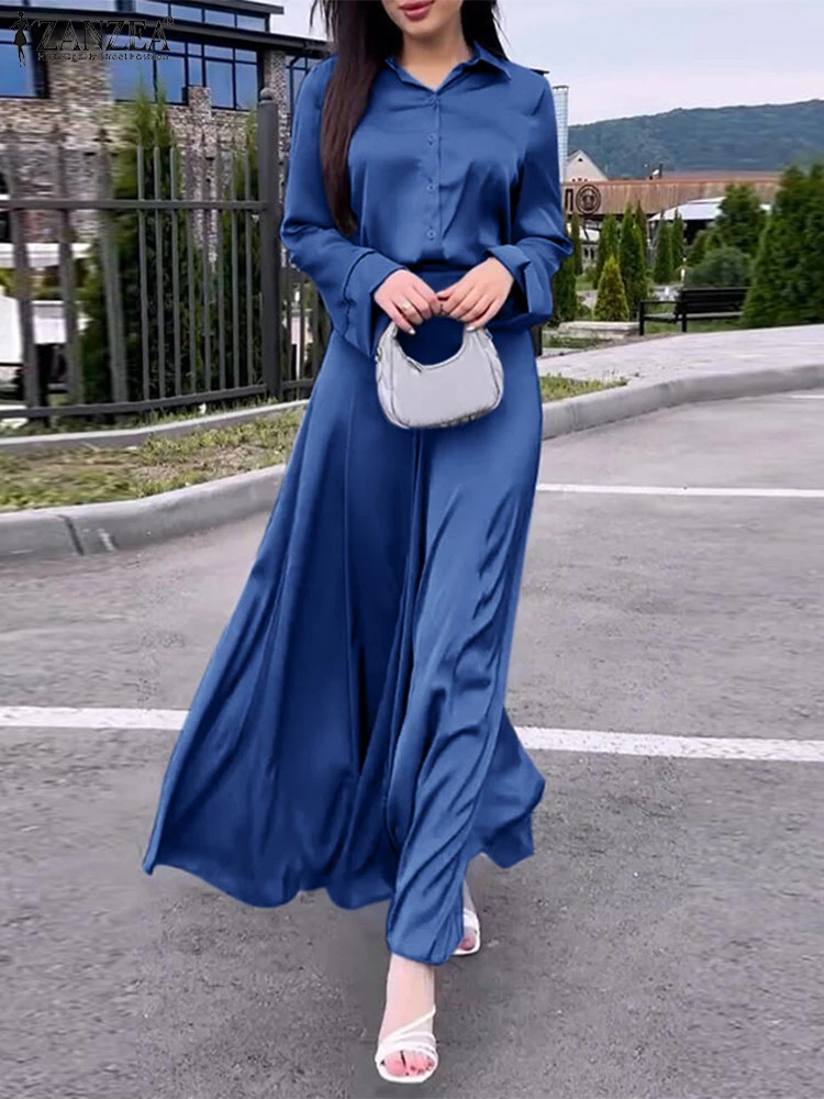 Vintage Satin Silk Dress Suit ZANZEA Fashion Solid Shirt Outfits Swing Skirt Sets Casual Loose Buttons Holiday Office 2pcs Sets