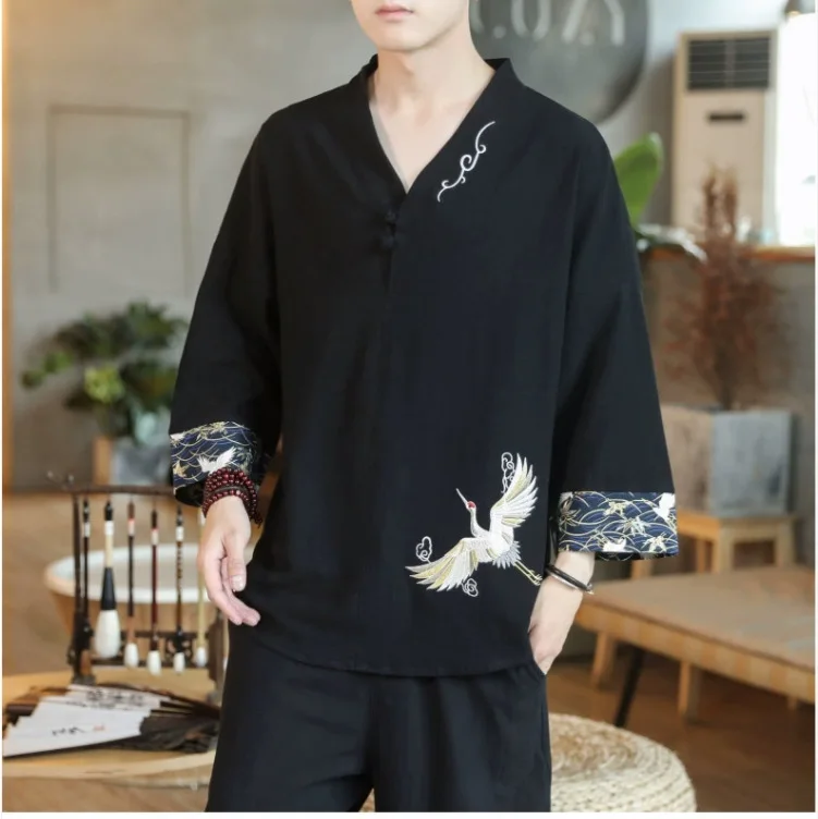 Chinese Style Summer New Crane Embroidered Cotton Linen V-neck Button T-shirt Short-sleeved Casual and Fashionable T-shirt
