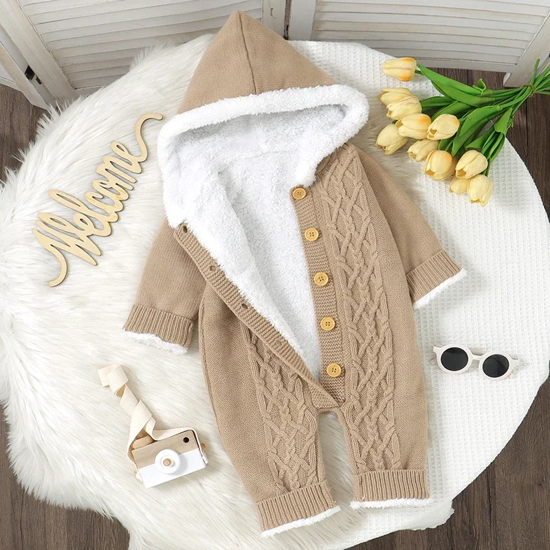 Newborn Baby Rompers Knit Infant Girls Boy Jumpsuit Long Sleeve Winter Toddler Kid Clothing 0-18M Overalls Fashion Hooded Fleece