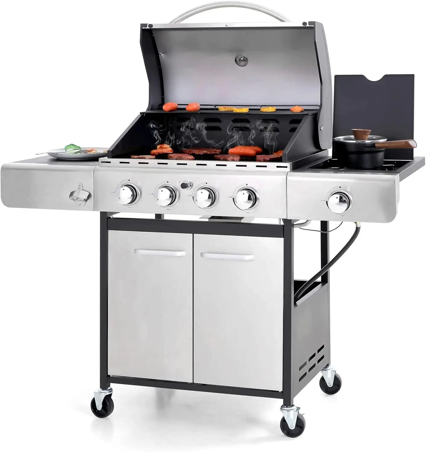 

4-Burner Propane Gas BBQ Grill with Side Burner and Porcelain-Enameled Cast Iron Grates, Stainless Steel Barbecue Grills Outdoor