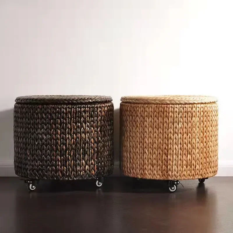 Living Room Furniture Retro Mobile Roller Skating Round Stool Manual Rattan Woven Small Stool Storage Box with Cover Footrest