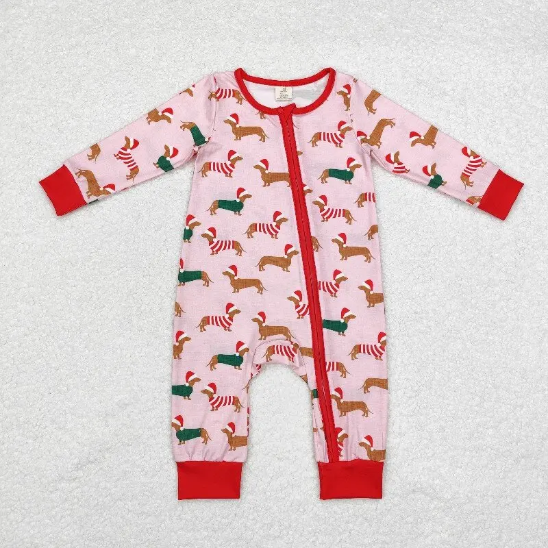 8.21y Bamboo Baby Boys Romper with Christmas Hat Puppy Blue Zipper Long Sleeve Onesie for Wholesale Boutique