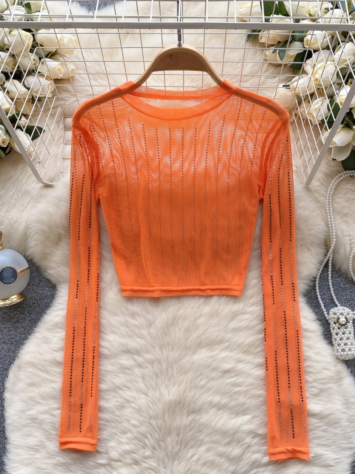 Women's Sexy ort Crop Top Pure Color Long Sve Base irt Heavy Embroidery Me See-tough Belly Baring Korean Sle T-s...